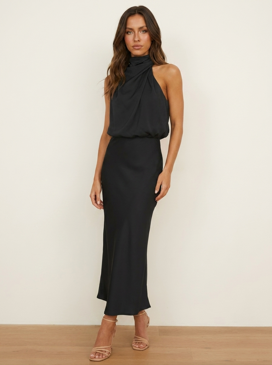 Dames Satijnen Midi Jurk – Haltermodel met Hoge Hals Zwart / S - AIDA LENA