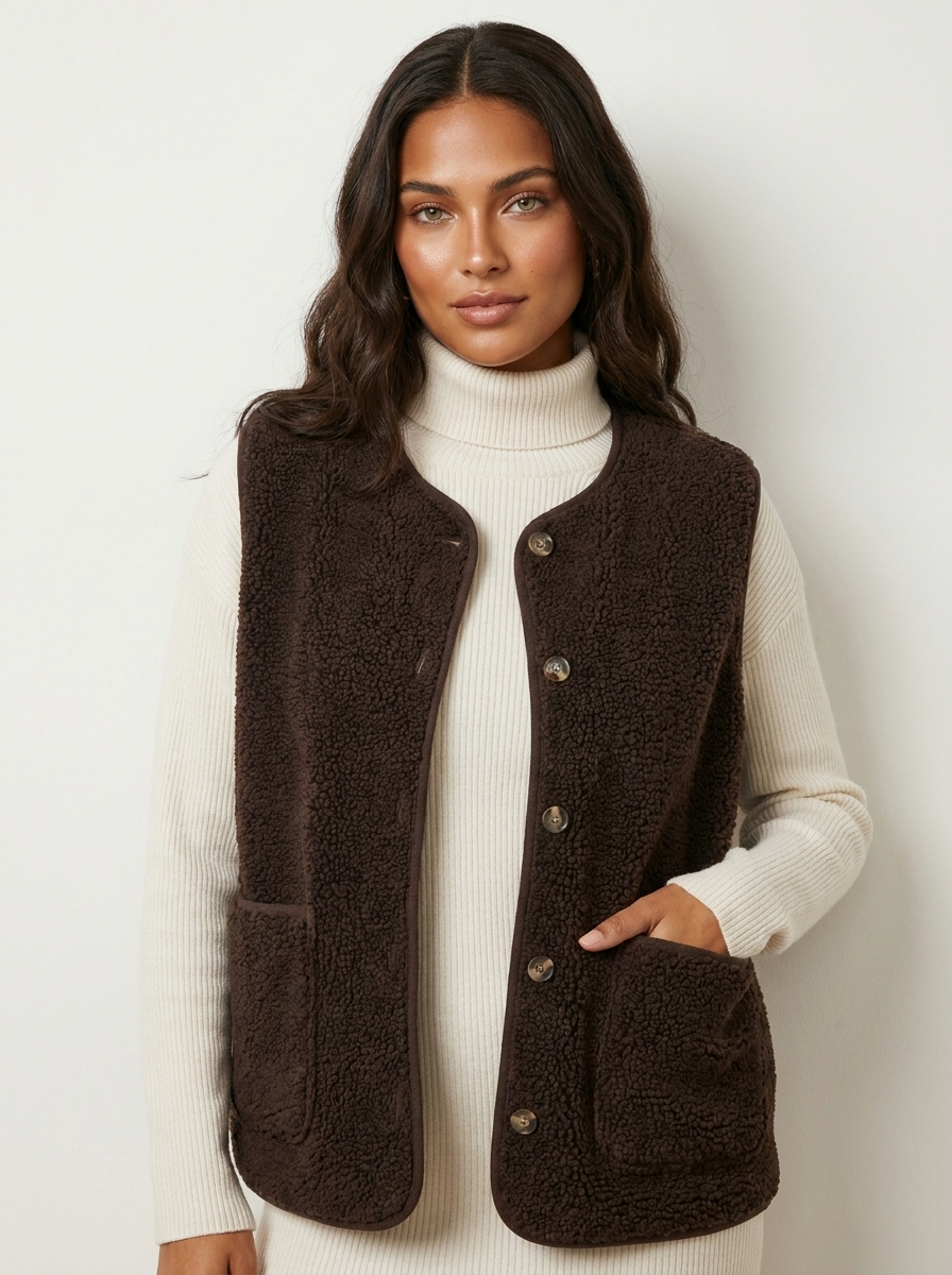 Dames Teddy Gilet – Mouwloos met Knopen en Voorzakken