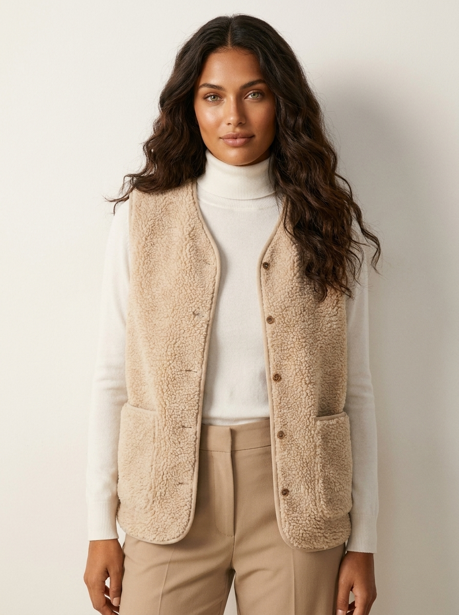 Dames Teddy Gilet – Mouwloos met Knopen en Voorzakken