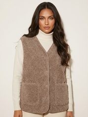 Dames Teddy Gilet – Mouwloos met Knopen en Voorzakken