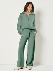 Dames Tweedelige Set – Top met Rits en Wijde Broek