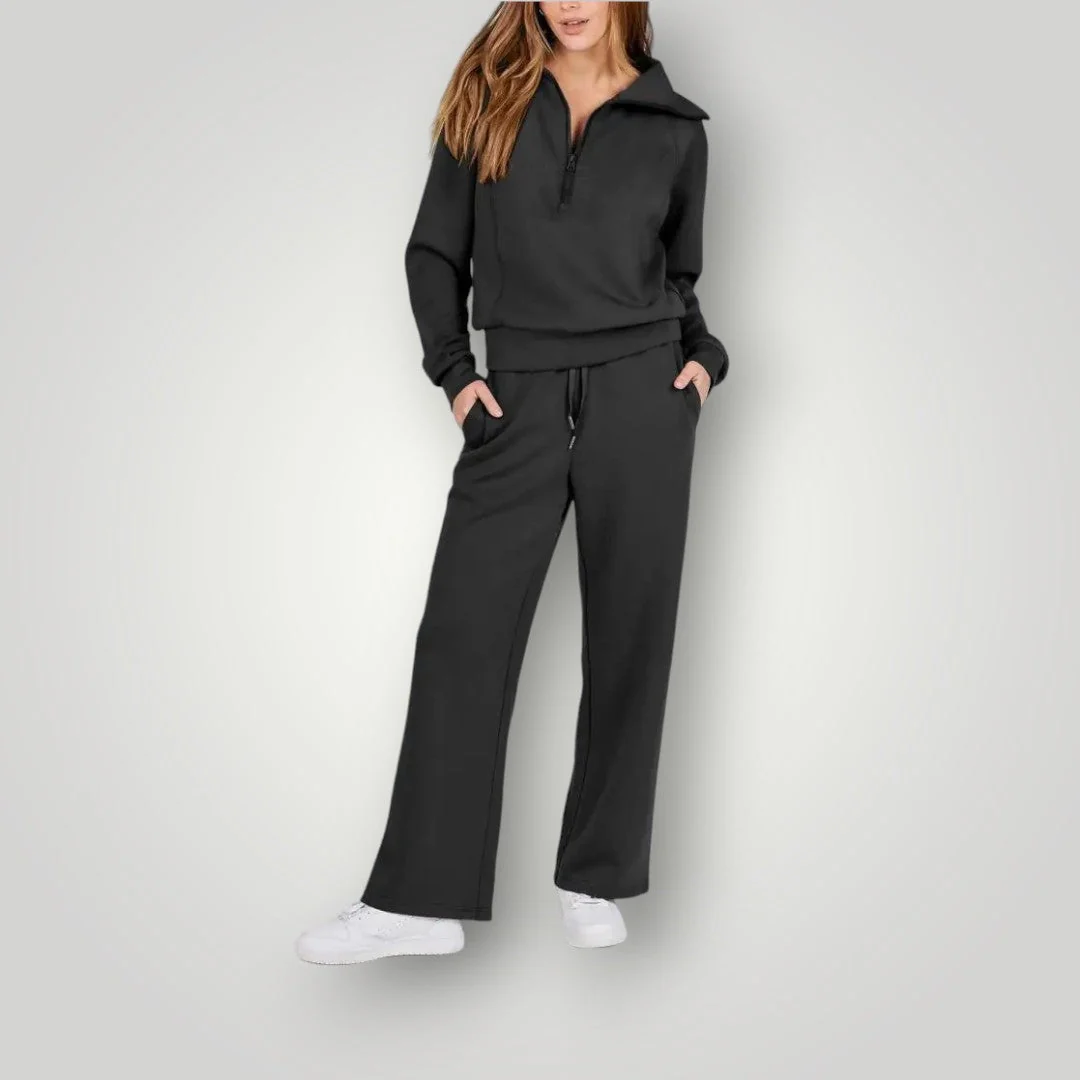 Dames Tweedelige Set – Top met Rits en Wijde Broek