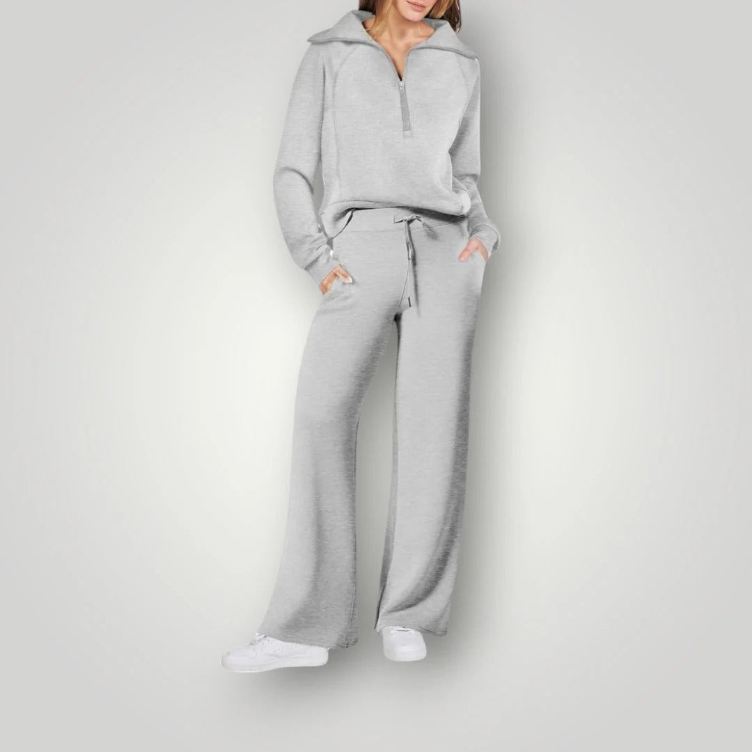 Dames Tweedelige Set – Top met Rits en Wijde Broek