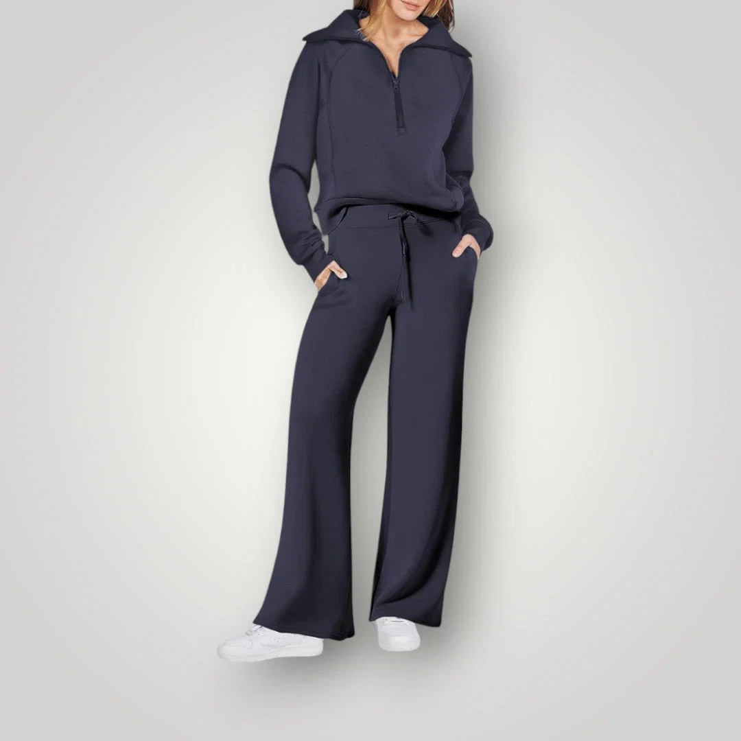 Dames Tweedelige Set – Top met Rits en Wijde Broek