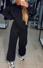 Dames Tweedelige Set – Trui en Wijde Broek met Glitterdetails