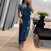 Dames Tweedelige Set – V-Hals Top met Geometrische Broek Geel-Blauw Print / XS - AIDA LENA