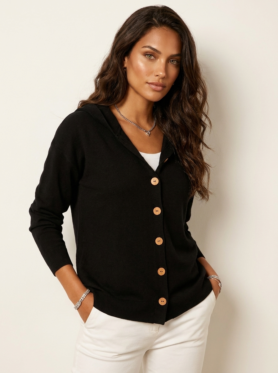 Dames Gebreid Vest – Vest met Capuchon en Knopen