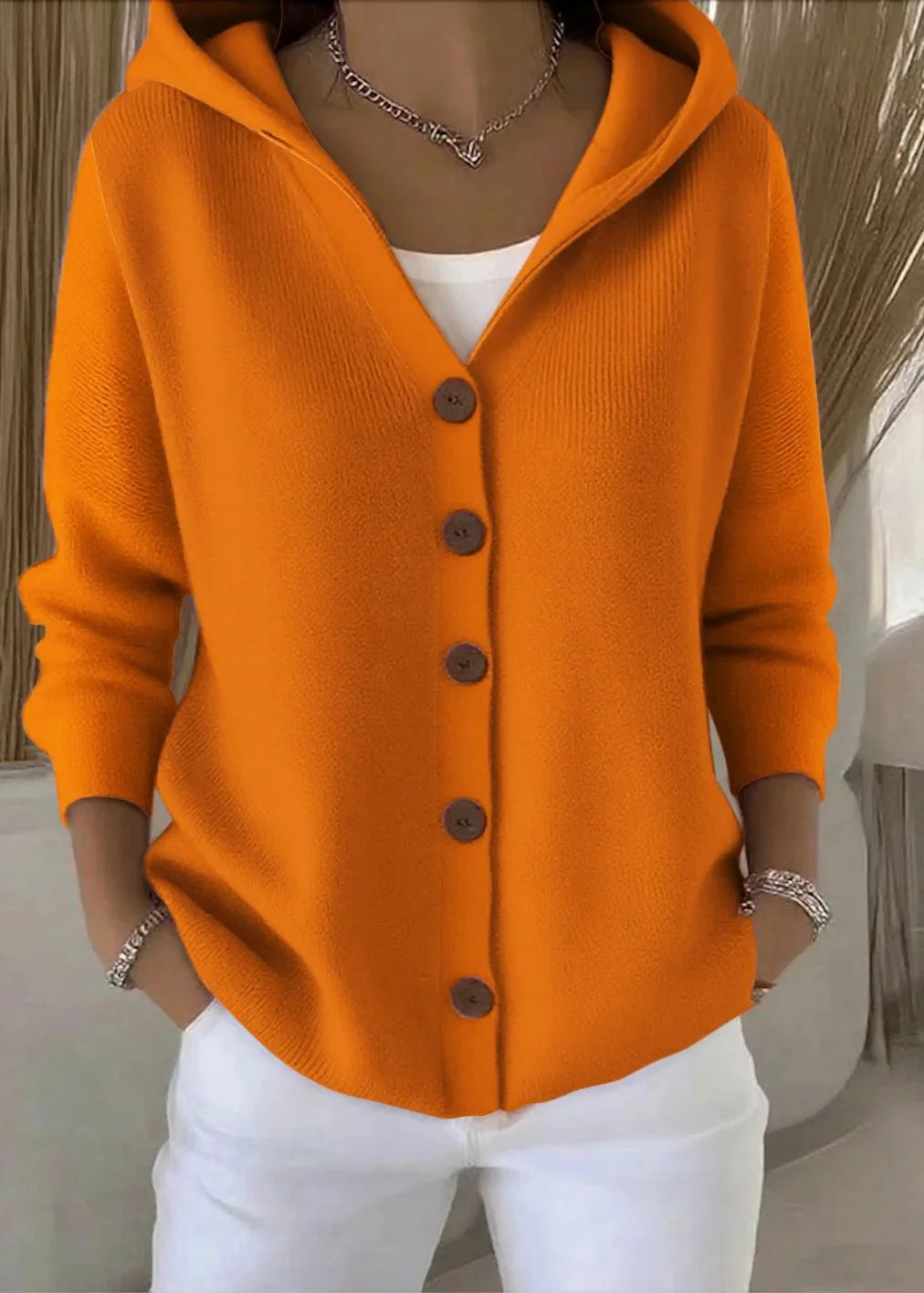 Dames Gebreid Vest – Vest met Capuchon en Knopen