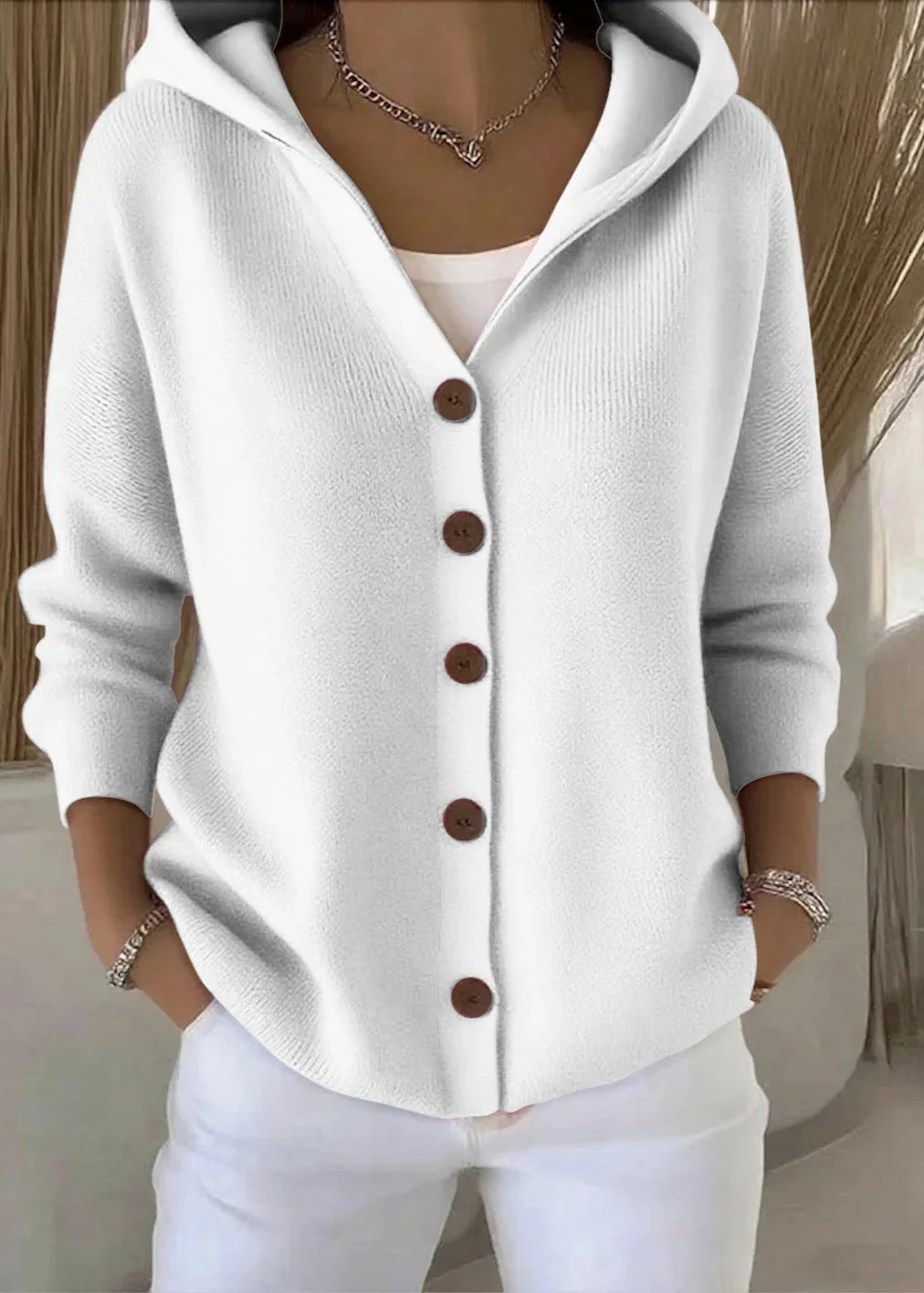 Dames Gebreid Vest – Vest met Capuchon en Knopen