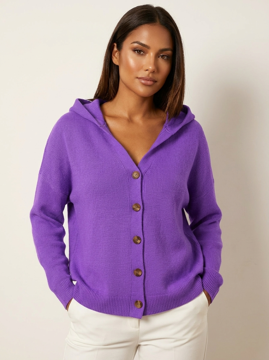 Dames Gebreid Vest – Vest met Capuchon en Knopen
