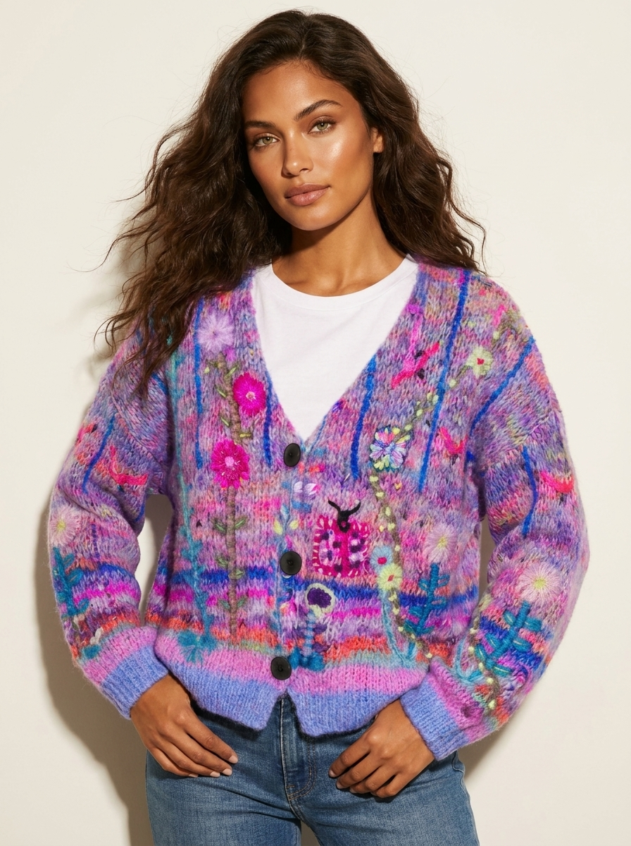 Dames Gebreid Vest – Kleurrijk met Bloemen en Knoopsluiting