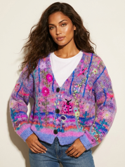 Dames Gebreid Vest – Kleurrijk met Bloemen en Knoopsluiting