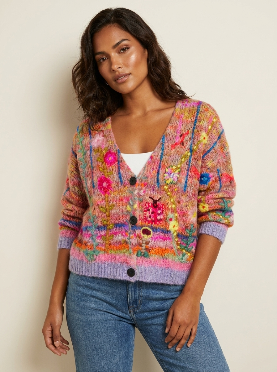 Dames Gebreid Vest – Kleurrijk met Bloemen en Knoopsluiting