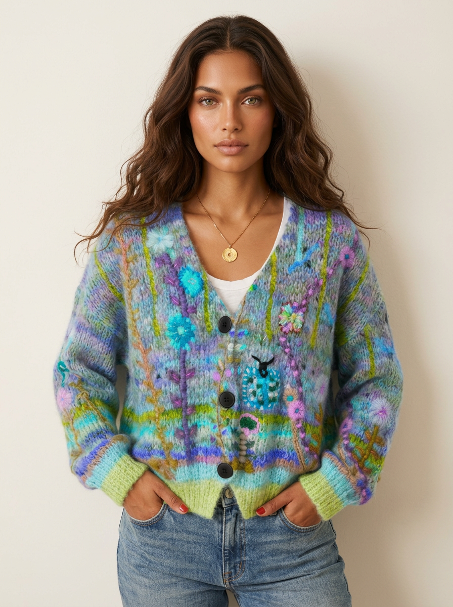 Dames Gebreid Vest – Kleurrijk met Bloemen en Knoopsluiting