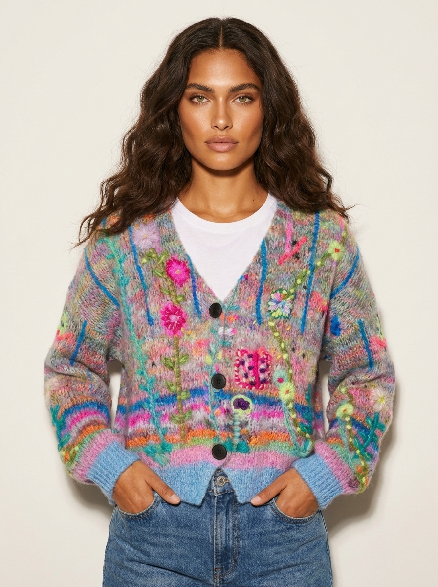 Dames Gebreid Vest – Kleurrijk met Bloemen en Knoopsluiting