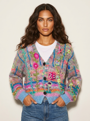 Dames Gebreid Vest – Kleurrijk met Bloemen en Knoopsluiting