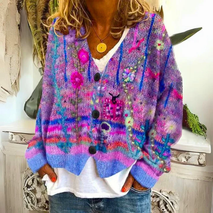 Dames Gebreid Vest – Kleurrijk met Bloemen en Knoopsluiting