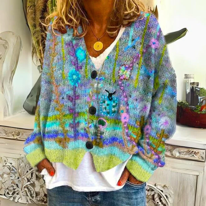 Dames Gebreid Vest – Kleurrijk met Bloemen en Knoopsluiting