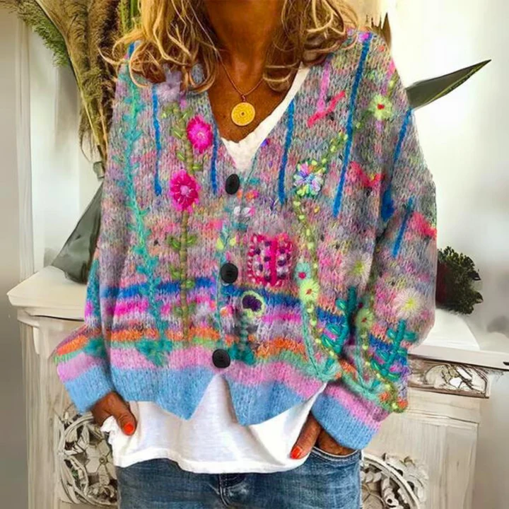 Dames Gebreid Vest – Kleurrijk met Bloemen en Knoopsluiting