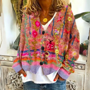Dames Gebreid Vest – Kleurrijk met Bloemen en Knoopsluiting
