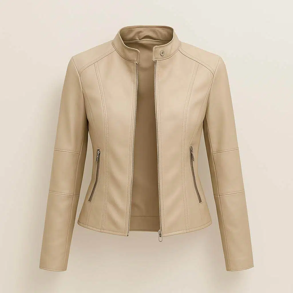 Dames imitatie-leren jack met mao-kraag