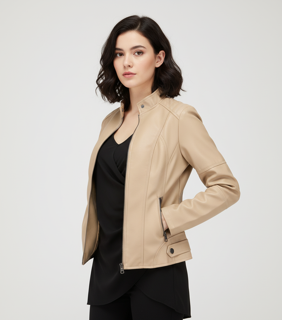 Dames imitatie-leren jack met mao-kraag