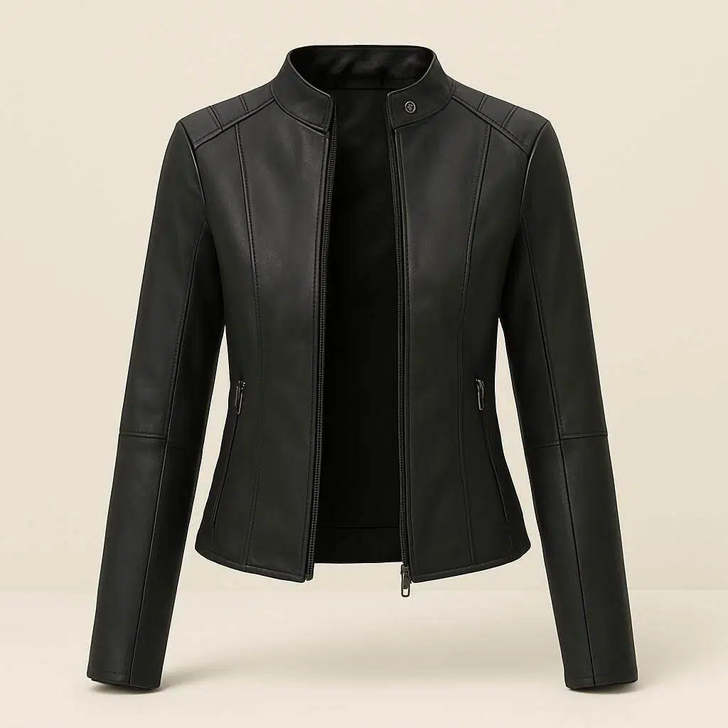 Dames imitatie-leren jack met mao-kraag