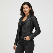 Dames imitatie-leren jack met mao-kraag