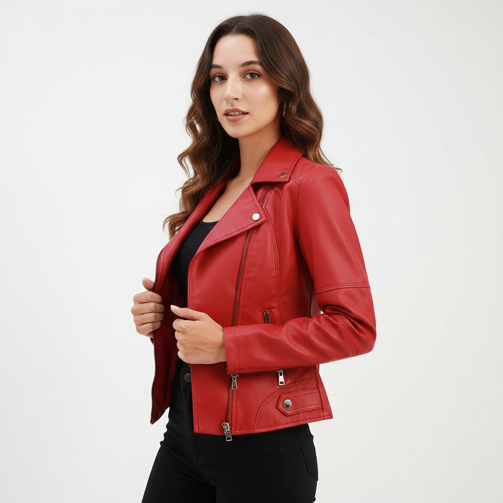 Dames imitatie-leren jack met mao-kraag