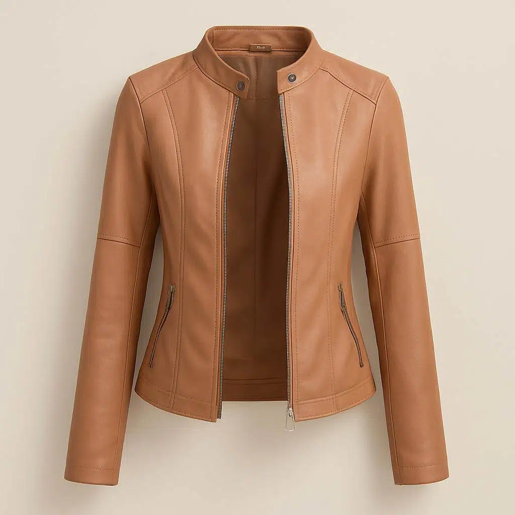 Dames imitatie-leren jack met mao-kraag