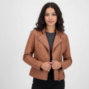 Dames imitatie-leren jack met mao-kraag