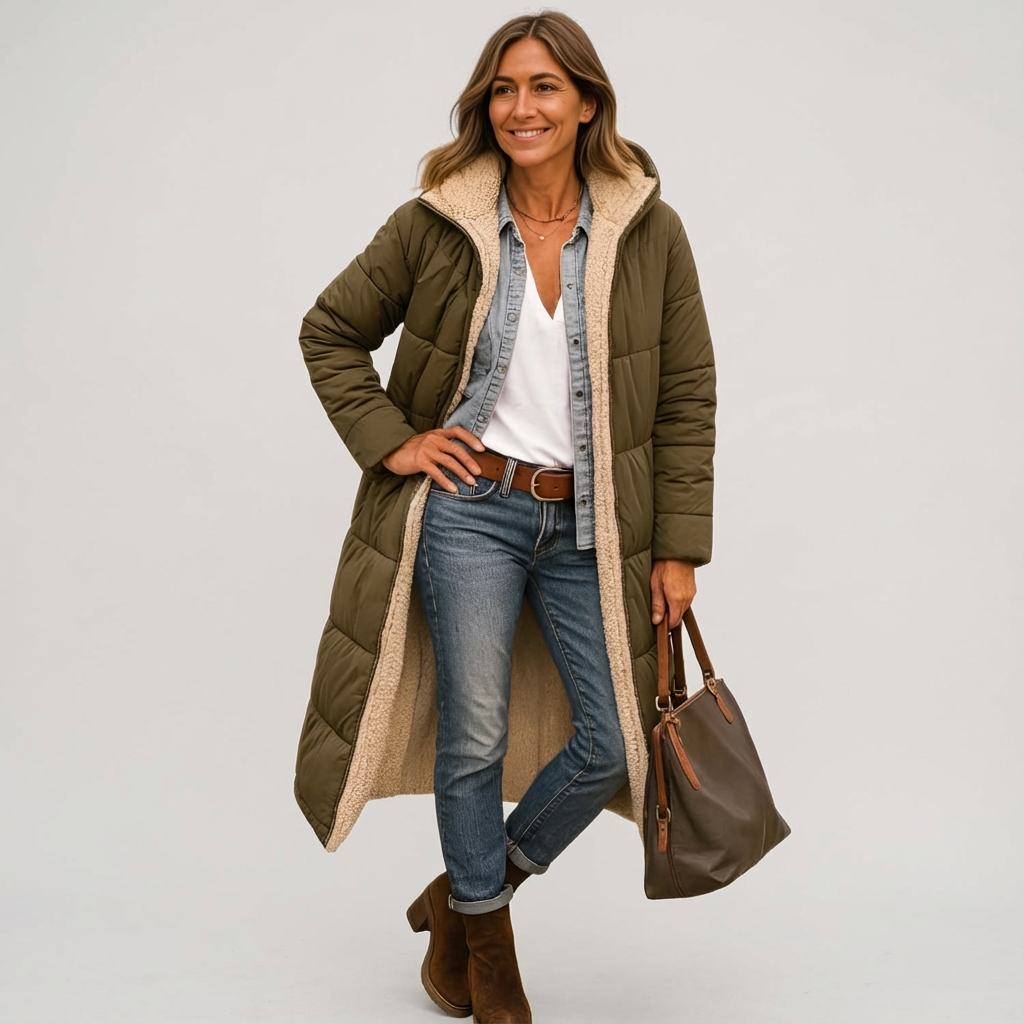 Dames lange gewatteerde winterjas met teddy voering