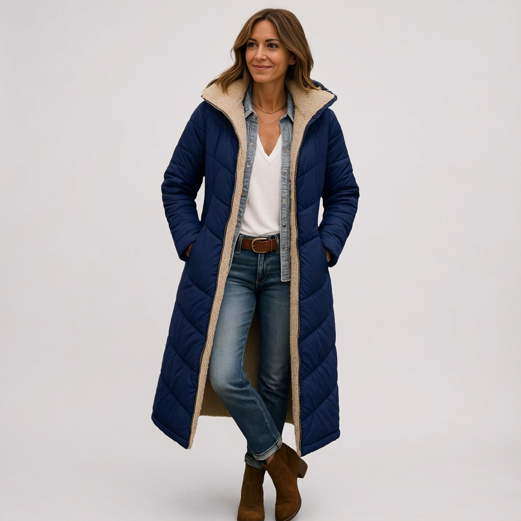 Dames lange gewatteerde winterjas met teddy voering