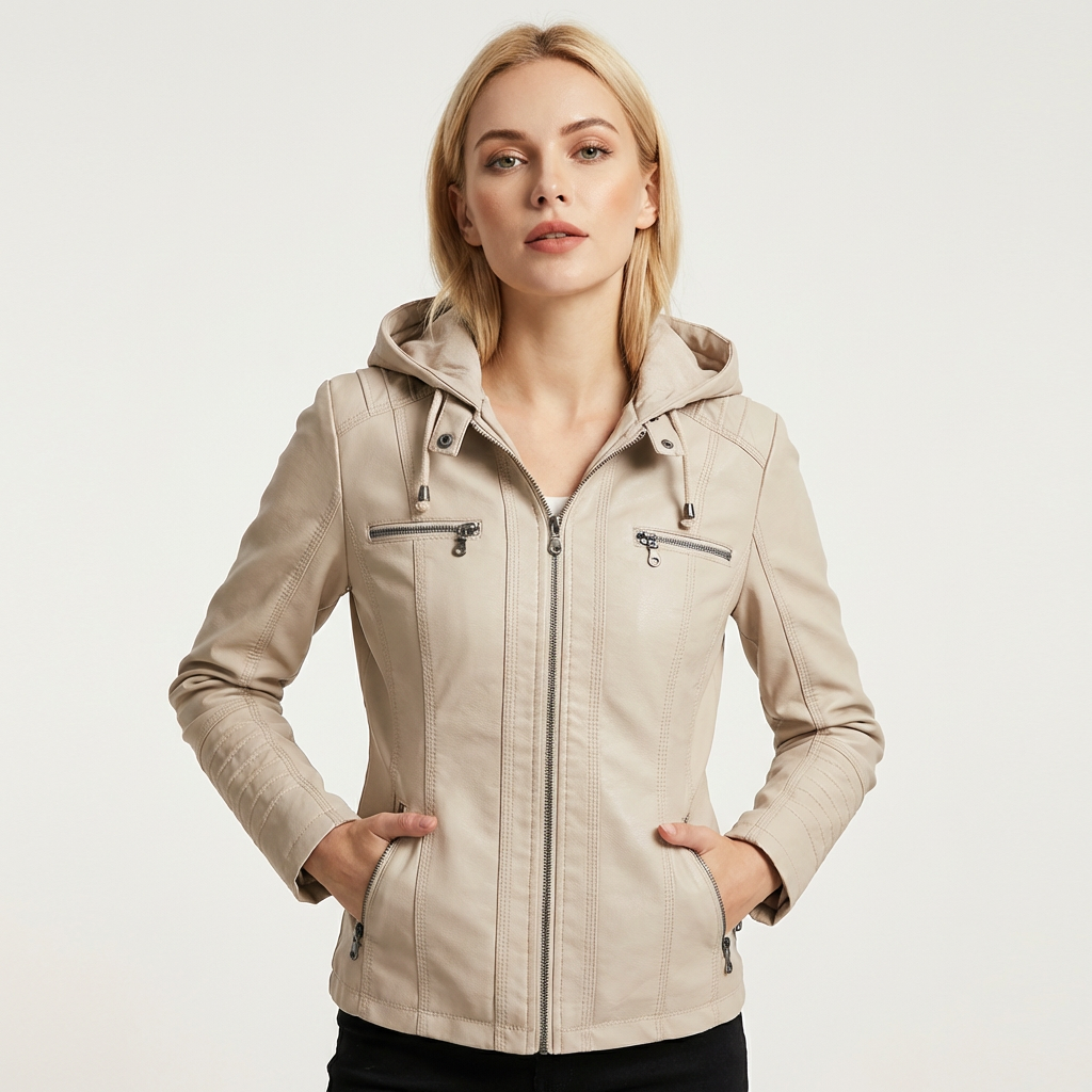 Dames bikerjack met capuchon en ritssluiting – Xyla