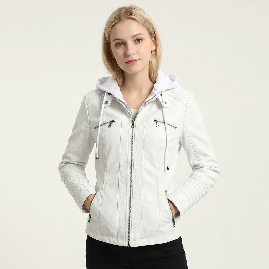 Dames bikerjack met capuchon en ritssluiting – Xyla