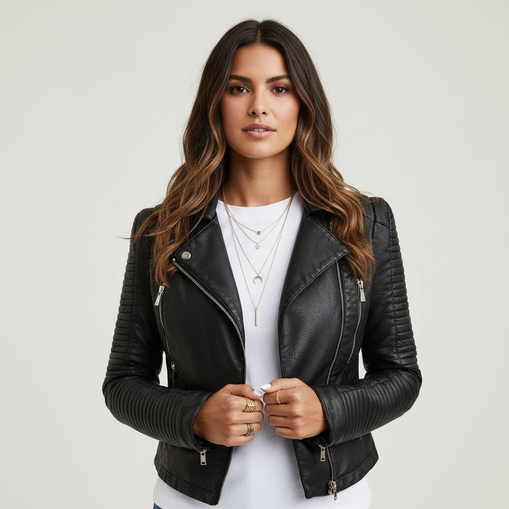 Dames biker jack van echt leer met quilted details – Noéline