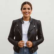 Dames biker jack van echt leer met quilted details – Noéline