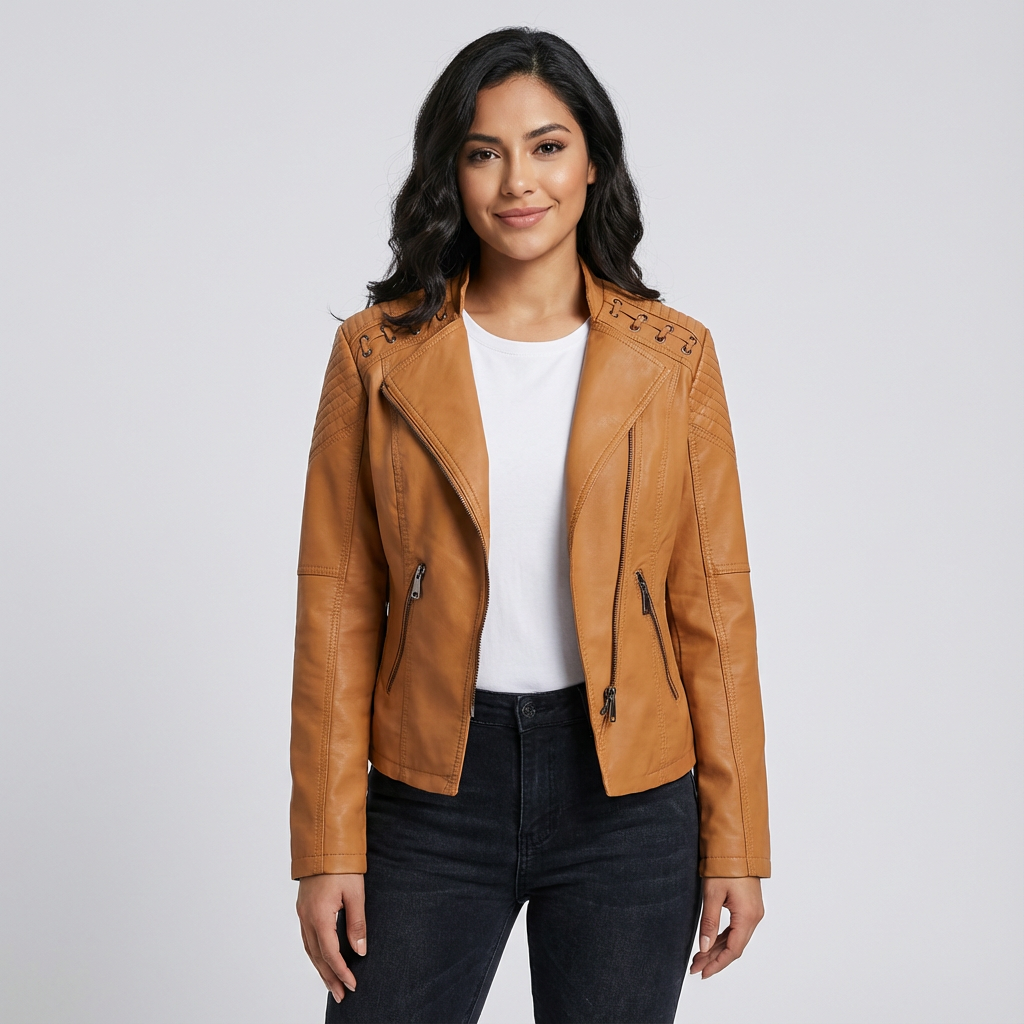 Women’s faux-leather biker jacket with zip and shoulder details