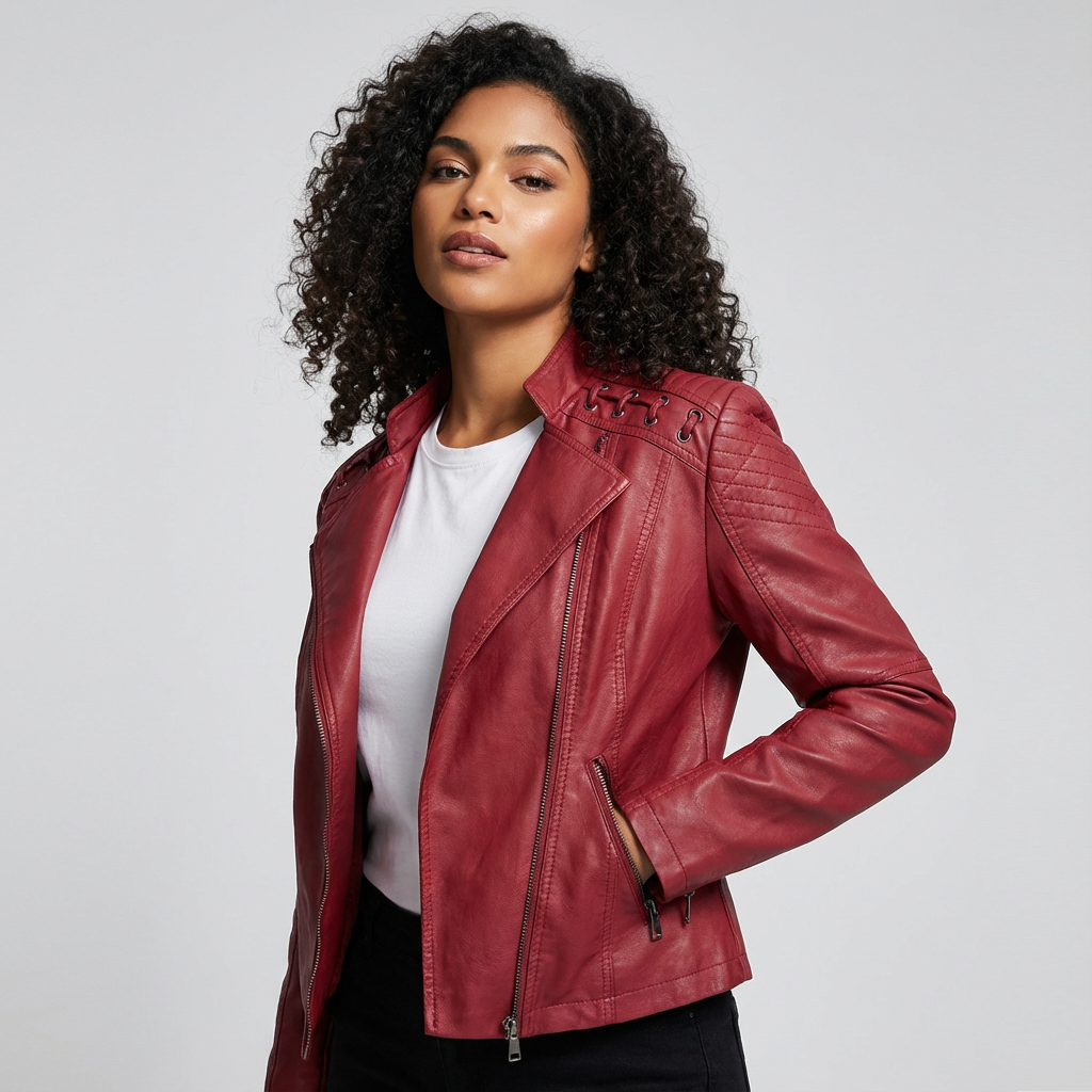 Women’s faux-leather biker jacket with zip and shoulder details