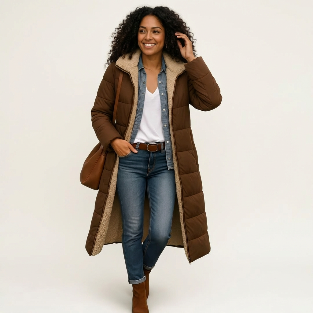 Dames lange gevoerde jas met teddy voering