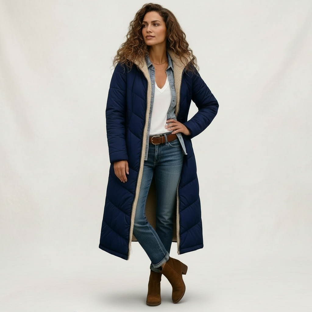 Dames lange gevoerde jas met teddy voering