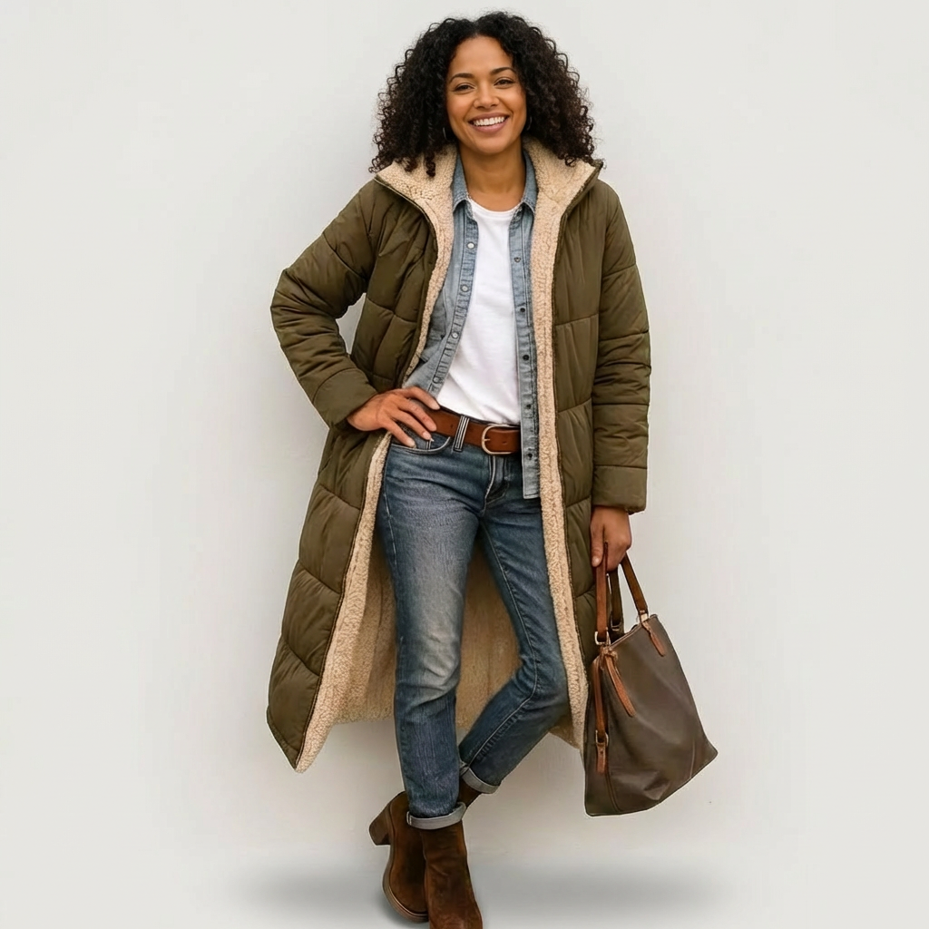 Dames lange gevoerde jas met teddy voering