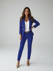 Damespak double-breasted blazer met slim fit pantalon