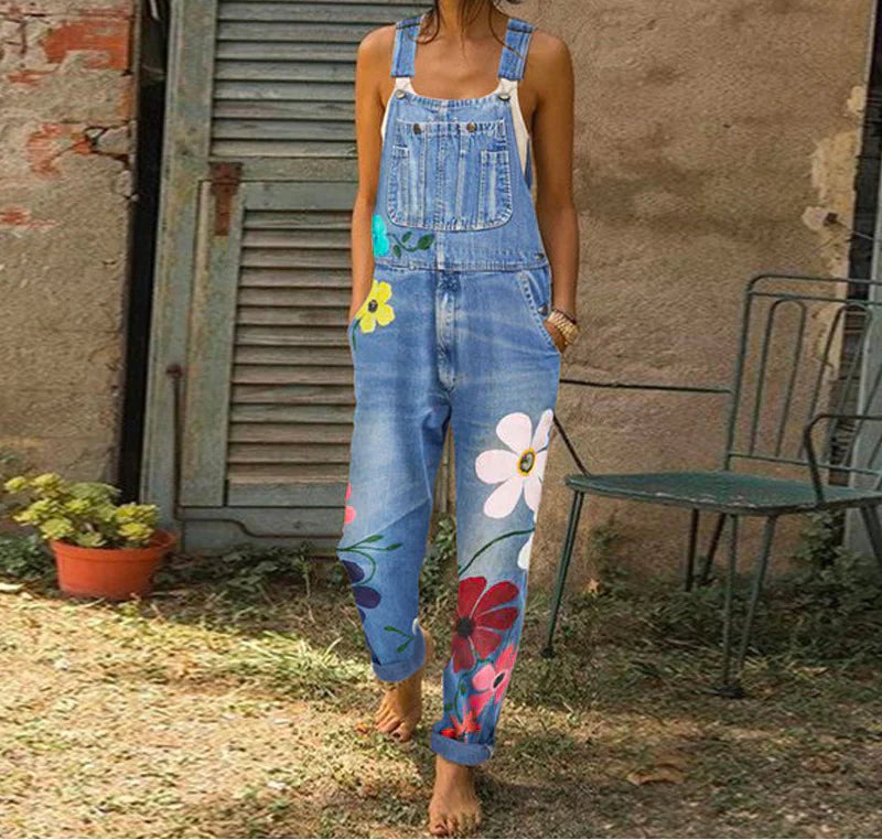 Denim tuinbroek met bloemenprint - Fleur