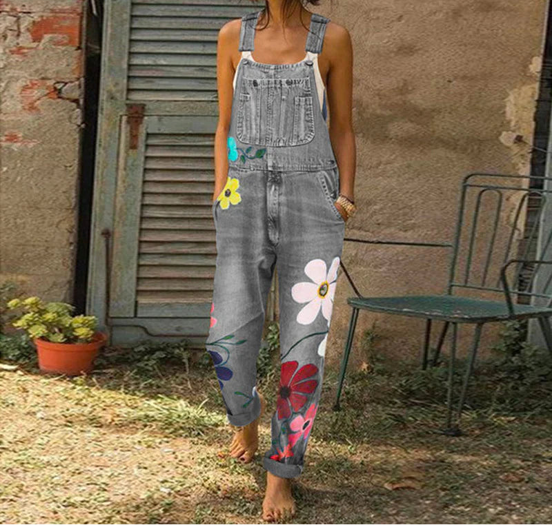 Denim tuinbroek met bloemenprint - Fleur