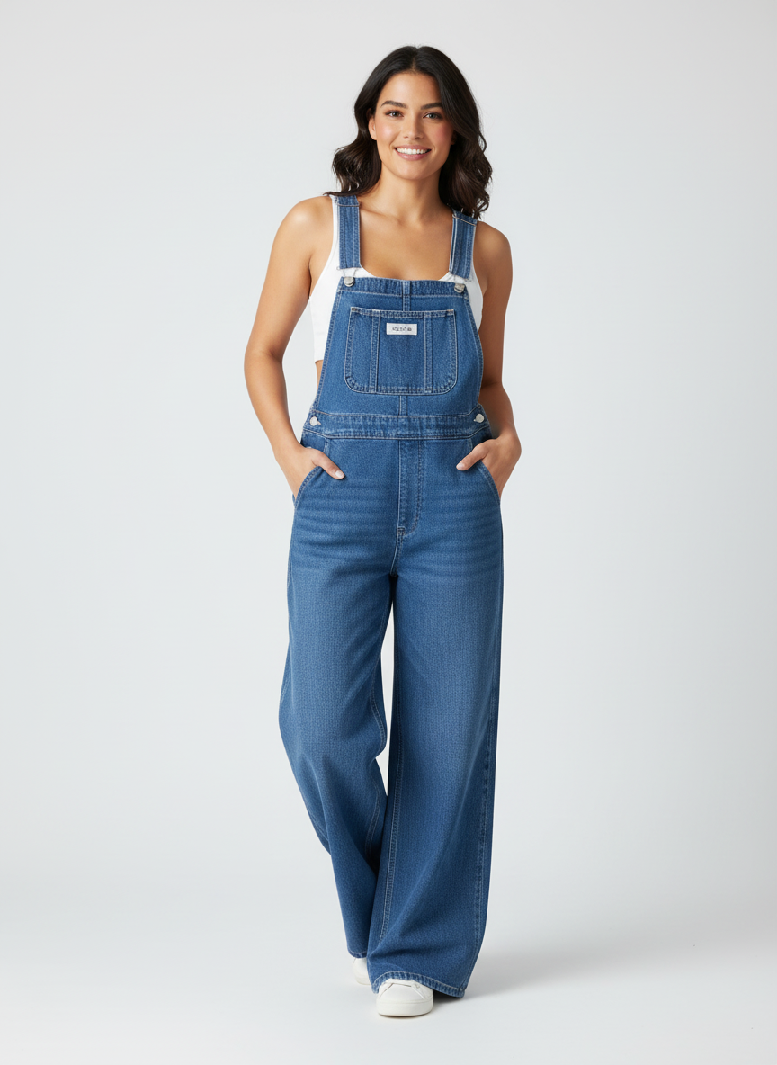 Denim tuinbroek met wijde pijpen en verstelbare bandjes