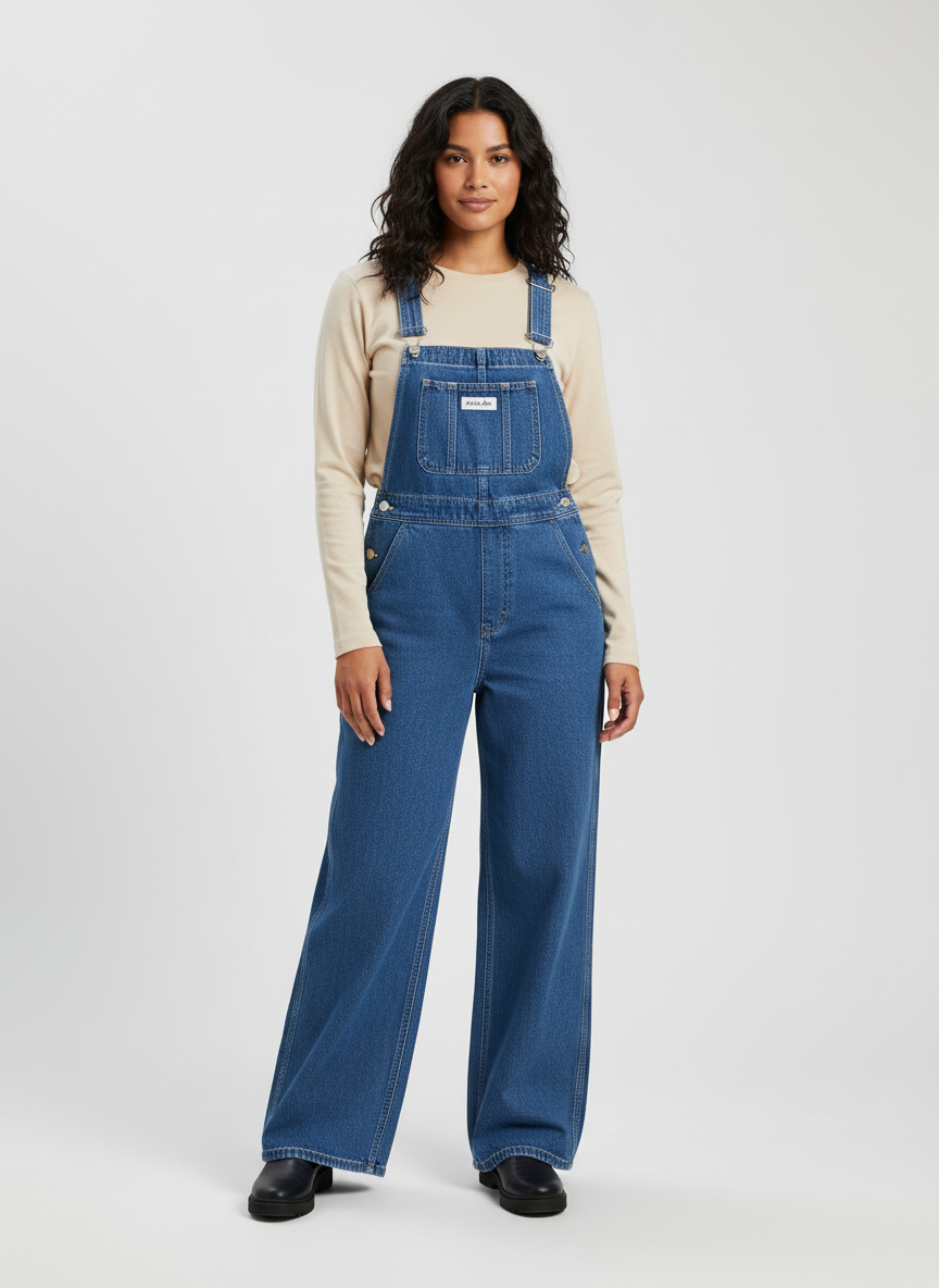 Denim tuinbroek met wijde pijpen en verstelbare bandjes