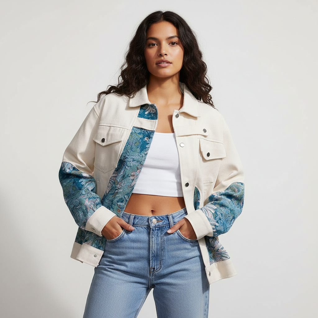 Denim jacket met geborduurde bloemenpanelen – Noéline