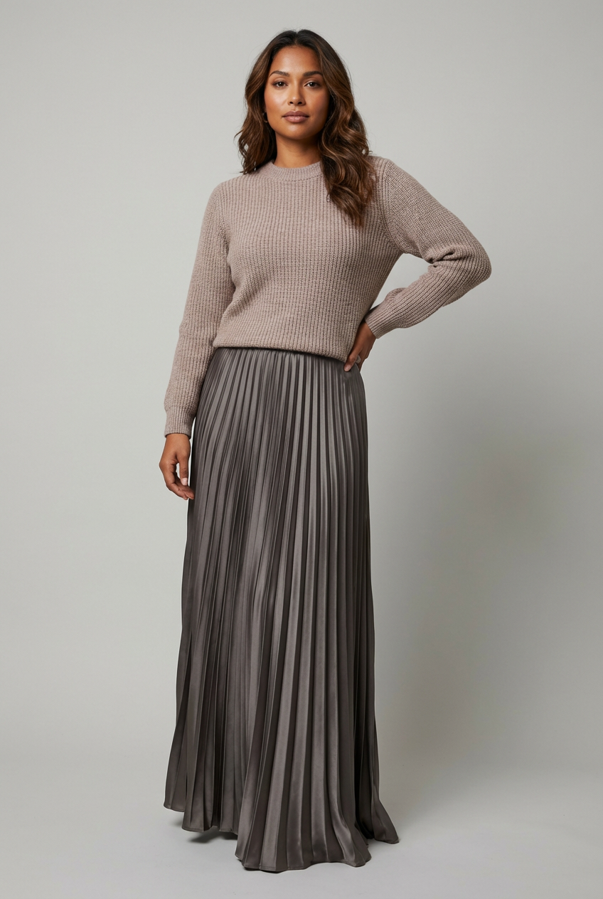 Elegant dames set met plissé rok en fijngebreide trui