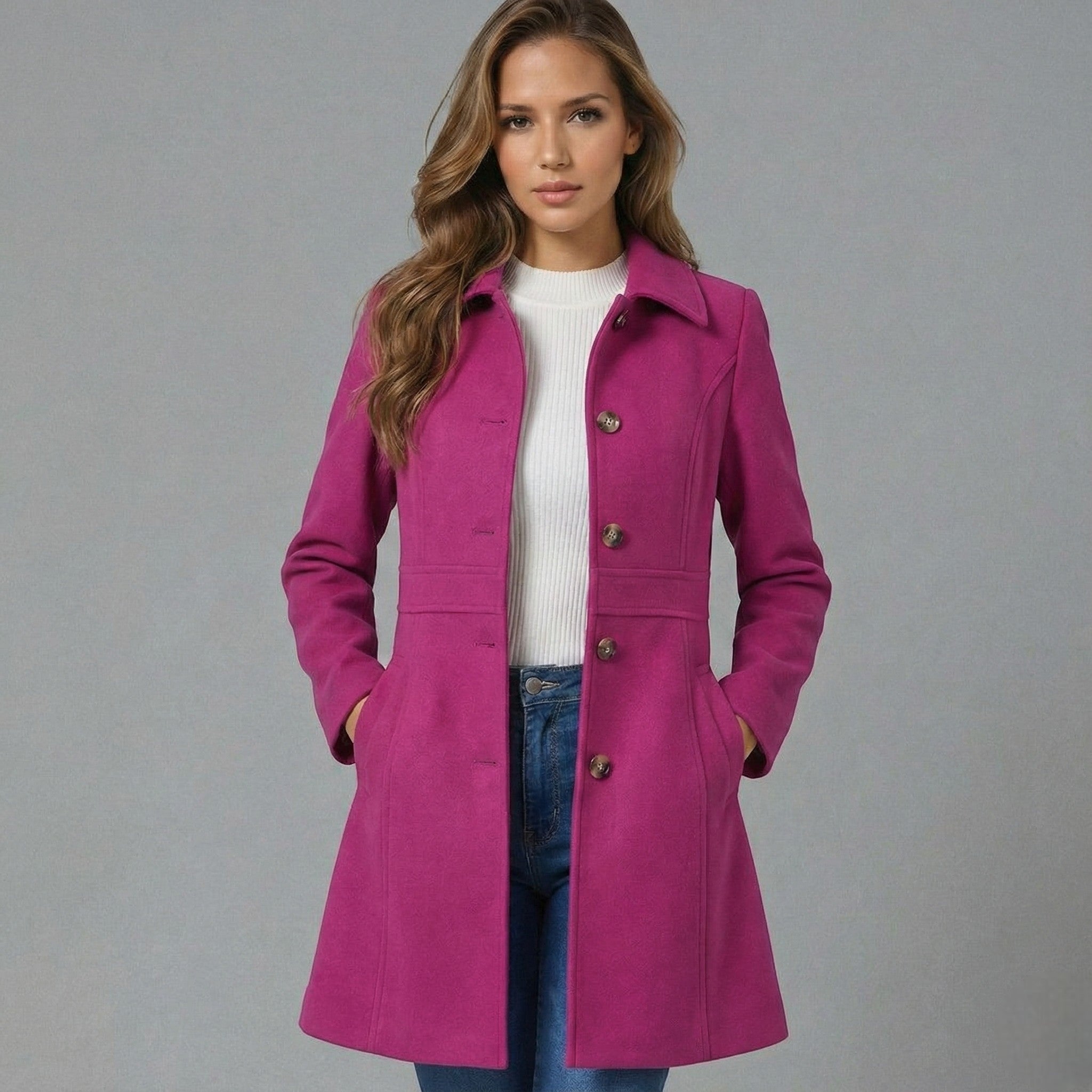 Elegant A-line women's coat with button fastening – Josephine